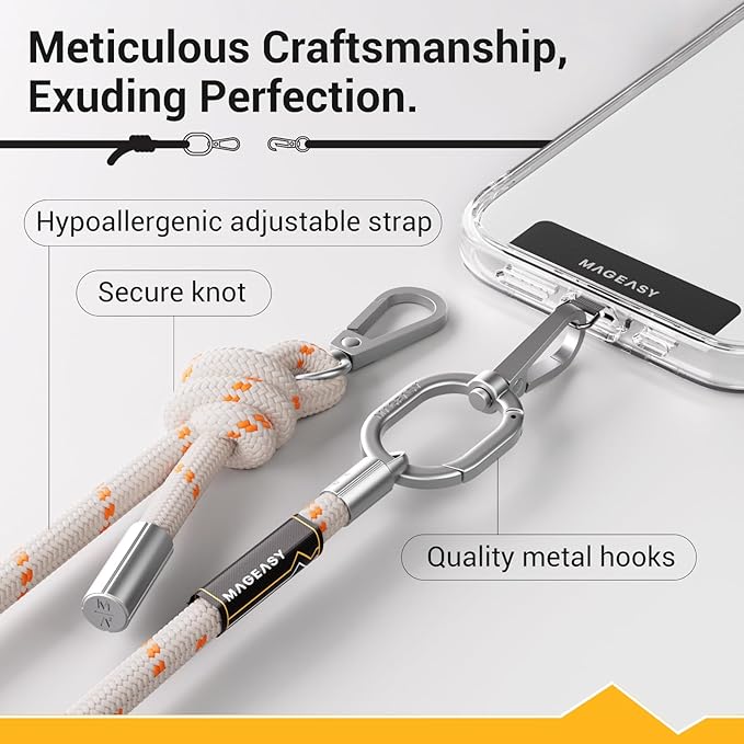 MAGEASY Universal Cell Phone Lanyard - Anti-Theft Thick Rope Crossbody Phone Strap for iPhone 16 Pro Max & Most Smartphones, for Men & Women | 8.3mm Beige/Orange