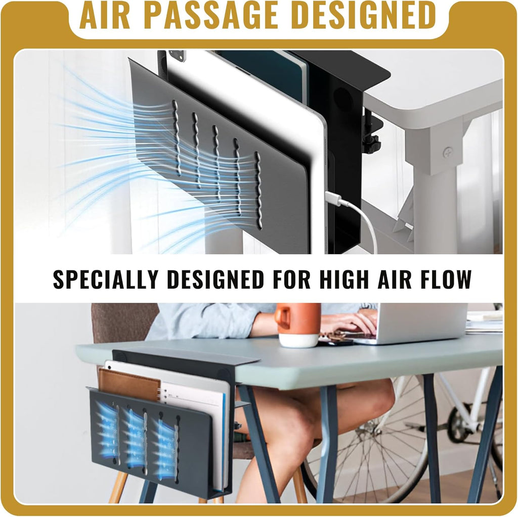 Desk Side Storage – Heavy-Duty Steel Laptop Holder Desk Attachment with Magnetic Pen Holder, Side Table No Drill Clamp Desk Organizer, Hanging Desk Organizer for Home & Office – Black