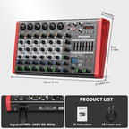8 Channel Audio Interface Sound Board Mixing Console XLR 1/4 inch Jack USB Bluetooth Echo Delay Effect, Input 48V Phantom Power Stereo DJ Mixers for Podcasting