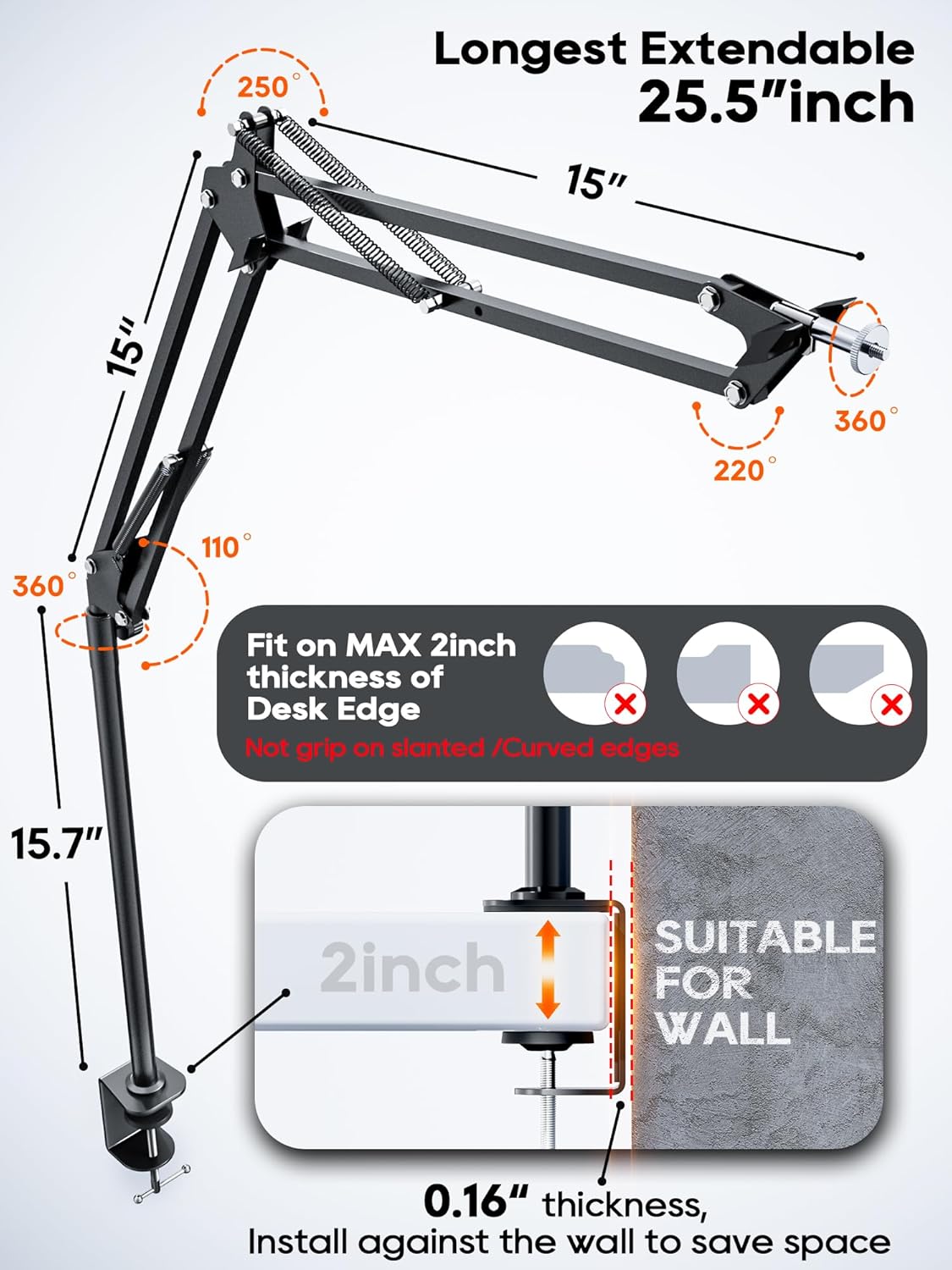 Overhead Camera Mount, 5lb Horizontal Load-Bearing, 360° Adjustable Stand for Desk, Flexible with Phone Clamp, Tabletop Mount for DSLR Camera/Webcam/Microphone