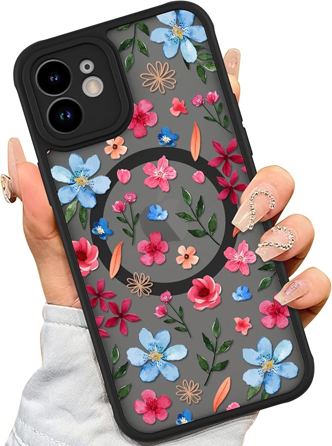 AIGOMARA Magnetic Case for iPhone 11 [Compatible with MagSafe] Cute Pink Blue Flower Floral Pattern Soft TPU Bumper Hard PC Back Anti-Fall Shockproof Protective Slim Cover for Women Girls