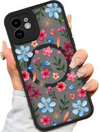 AIGOMARA Magnetic Case for iPhone 11 [Compatible with MagSafe] Cute Pink Blue Flower Floral Pattern Soft TPU Bumper Hard PC Back Anti-Fall Shockproof Protective Slim Cover for Women Girls