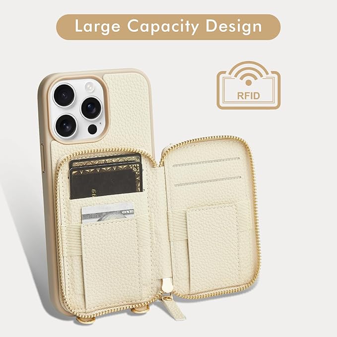 LAMEEKU for iPhone 14 Pro Max Wallet Case with Card Holder, Zipper Leather Crossbody Case with Kickstand Lanyard for Women, Cover with Phone Grip Holder Stand for Apple iPhone 14 Pro Max 6.7" Beige
