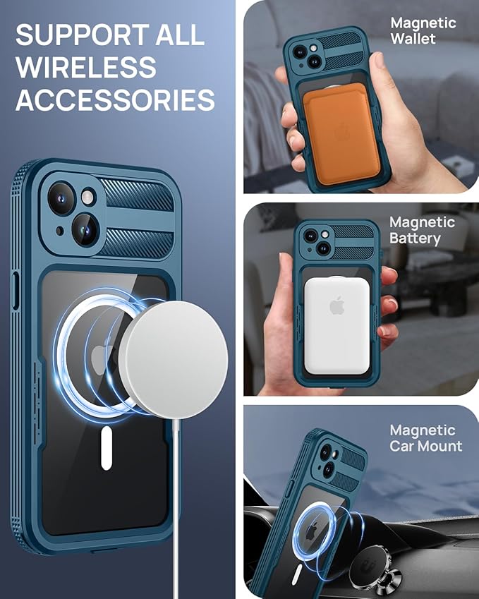 Lanhiem Magnetic for iPhone 15 Plus Case, IP68 Waterproof Dustproof Case, [Compatible with Magsafe] [Built-in Screen Protector] Full Body Heavy Duty Rugged Phone Cover 6.7 inch, Blue/Clear