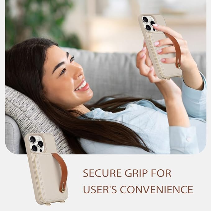 LAMEEKU for iPhone 15 Pro Max Wallet Case with Credit Card Holder, Zipper Leather Crossbody Case with Phone Grip Holder Stand for Women for iPhone 15 Pro Max 6.7 inch Beige