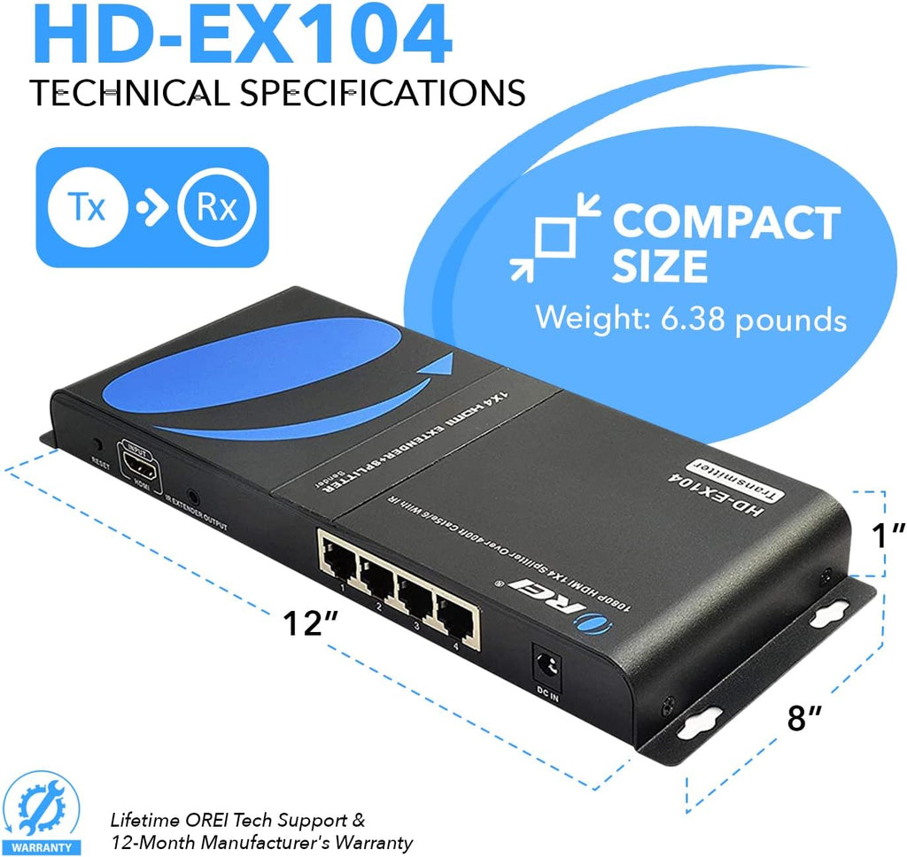 OREI 1x4 HDMI Extender Splitter Over Single Cable CAT6/7 1080P With IR Remote EDID Management - Up to 400 Ft - Loop Out - Low Latency Black