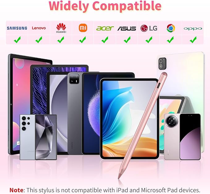 Stylus Pen for iOS&Android Touch Screens, Active Pencil for Samsung, Smart Digital Stylus Pens for Lenovo/Huawei/Vivo/Mi Tablets, iPhone/Google Pixel Smart Phones Drawing&Writing (Rose Gold)