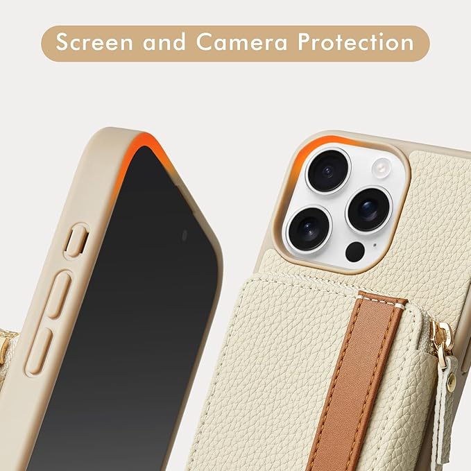 LAMEEKU for iPhone 14 Pro Max Wallet Case with Card Holder, Zipper Leather Crossbody Case with Kickstand Lanyard for Women, Cover with Phone Grip Holder Stand for Apple iPhone 14 Pro Max 6.7" Beige
