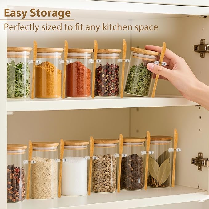 12 Pack 8 oz Round Glass Spice Jars with Lids and Spoons – Airtight Small Spice Containers Set with Labels, Clear Glass Storage Jars for Seasoning, Spices, Kitchen Pantry Organization