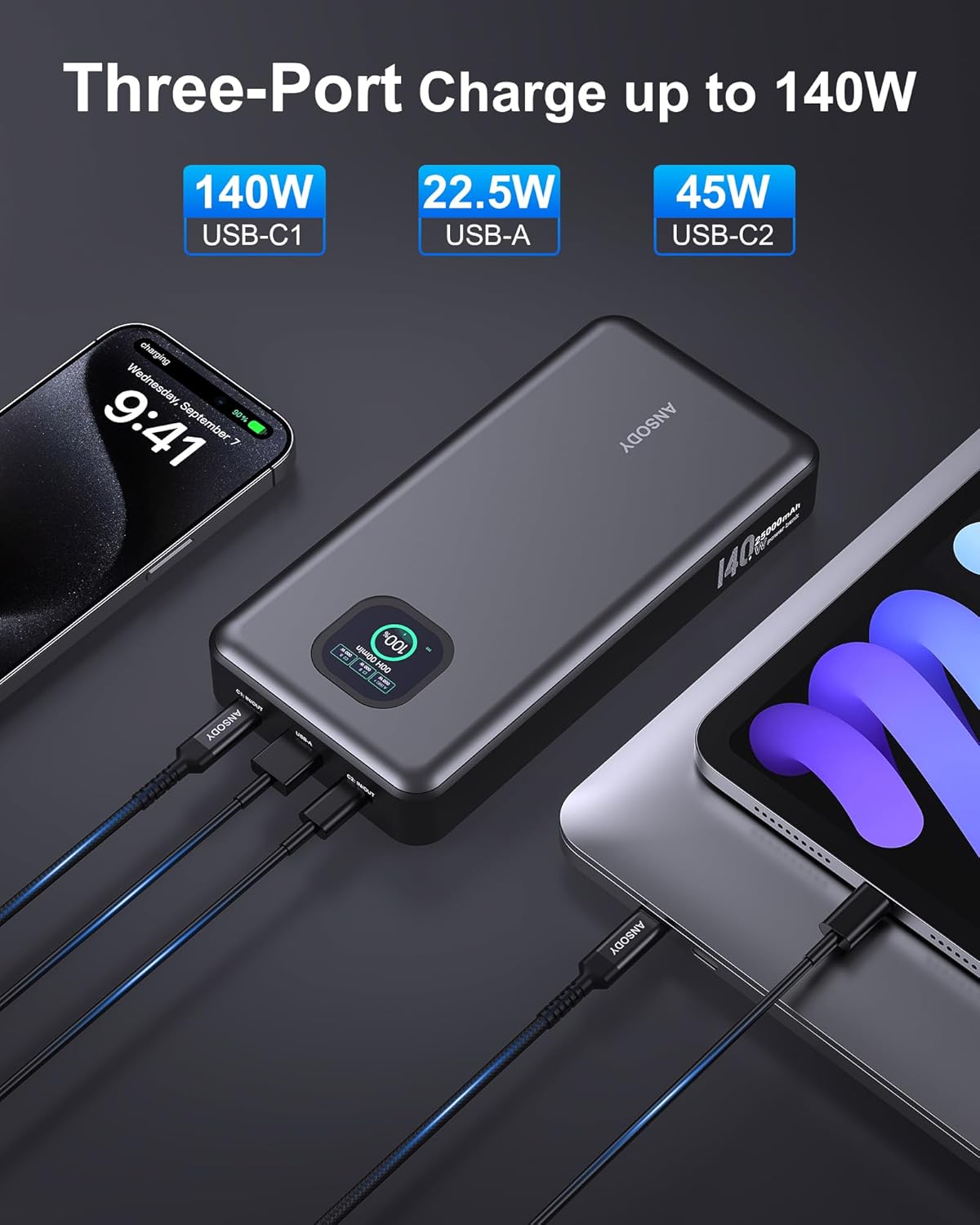 140W Power Bank, 25000mAh Laptop Portable Charger with Smart Digital Display, PD3.1 Fast Charging Battery Pack for MacBook Dell XPS iPad Tablet Steam Deck iPhone 17-12 Series Samsung Switch and More