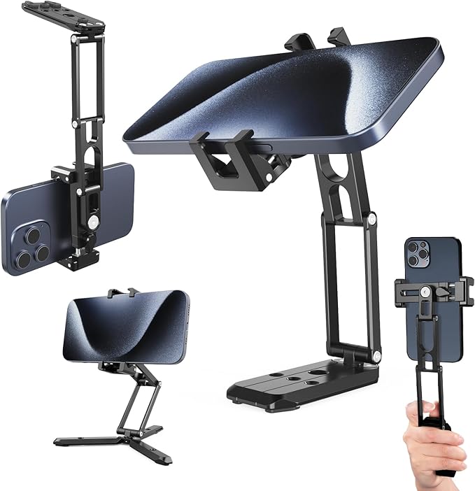 NEEWER Phone Tripod Mount with Cold Shoes, Metal Smartphone Adapter Compatible with iPhone, Multi Angle Tri Fold Cell Phone Holder, Handheld Grip for Streaming Vlog SP-04