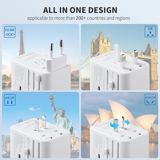 EPICKA Universal Travel Adapter, GaN International Plug Adapter with 3 USB-C 70W PD Fast Charging & 2 USB-A Adaptor All-in-one Wall Charger for USA EU UK AUS (TA-105 Pro, White)