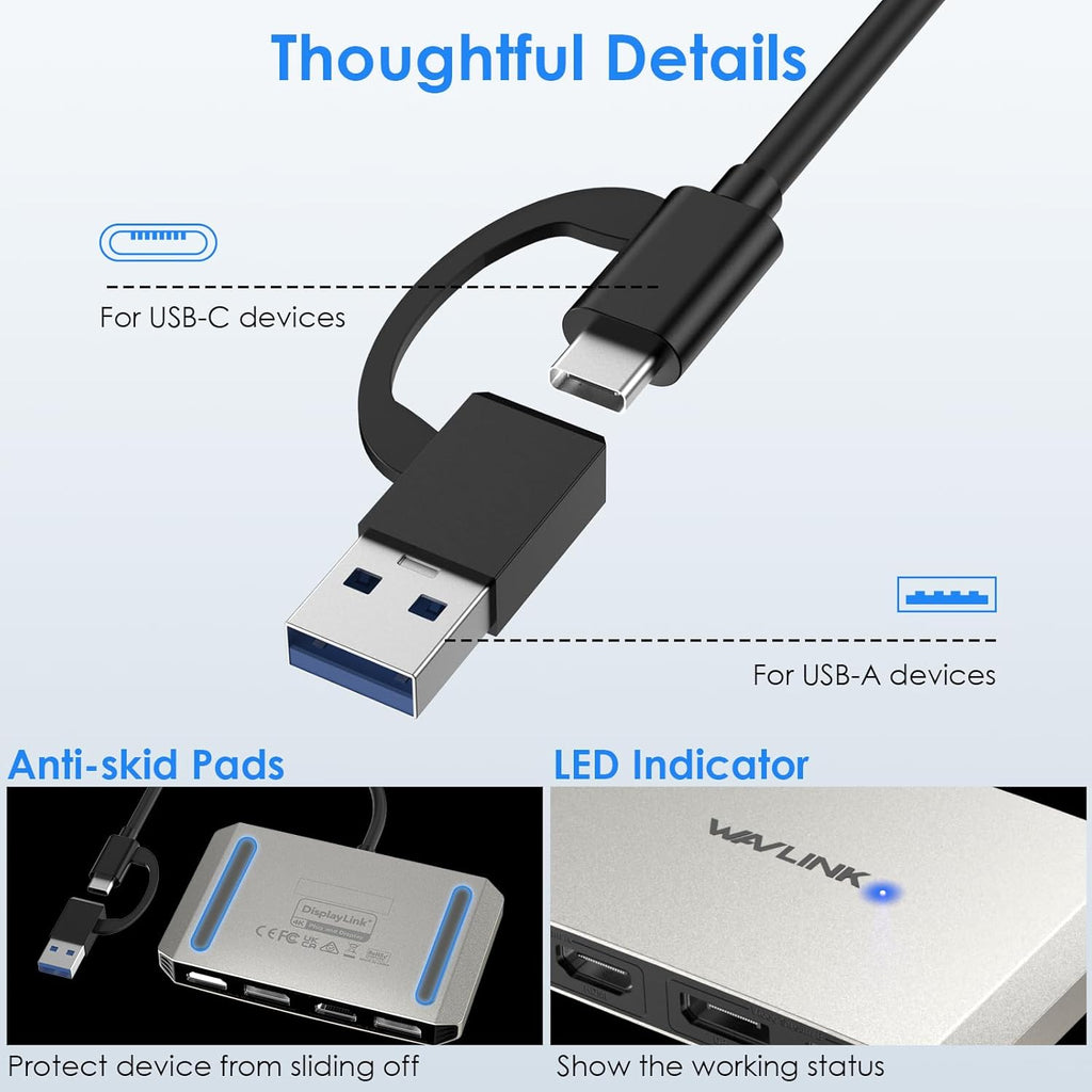 WAVLINK USB C and USB 3.0 to Dual 4K DisplayPort/HDMI Adapter, Displaylink Monitor Splitter Extended Display for Dual Monitor 4K@60Hz, HDMI/DP Splitter Compatible with Mac M1-M4,Window Laptop-Silver