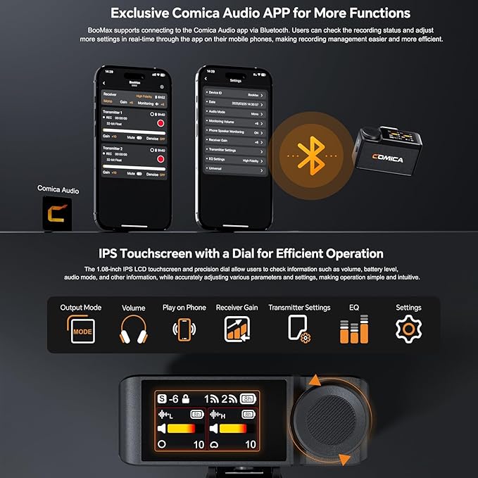 COMICA BooMax Wireless Lavalier Microphone for Cameras, Smartphones, 2.4G Internal Dual Lapel Mic with 32G Storage,Noise Cancellation,IPS Touchscreen for Vlogs, Interviews, Live Streamings,TikTok