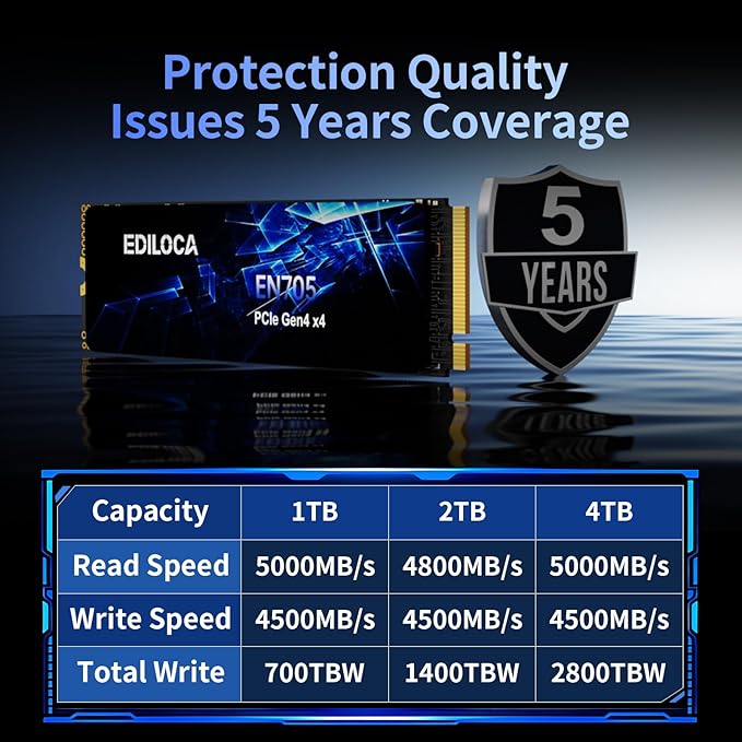 2TB SSD NVMe M.2 2280 PCIe Gen4 x4 Internal Solid State Drive - Up to 4800MB/s, 2TB SSD PS5 Dynamic SLC Cache, PS5 Compatible for Gaming PC Laptop(EN705)