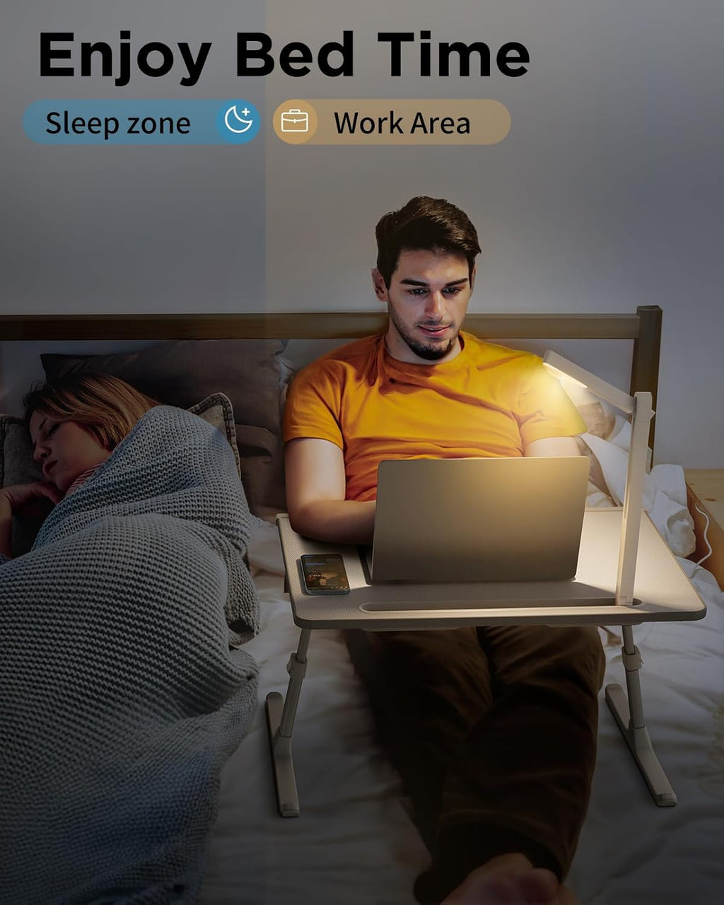 SAIJI Laptop Bed Tray Desk with LED Desk Light, Adjustable Laptop Stand for Bed, XX-Large PVC Leather Foldable Table with Book Stand, Wrist Rest, Extra Leg Room (Grey)