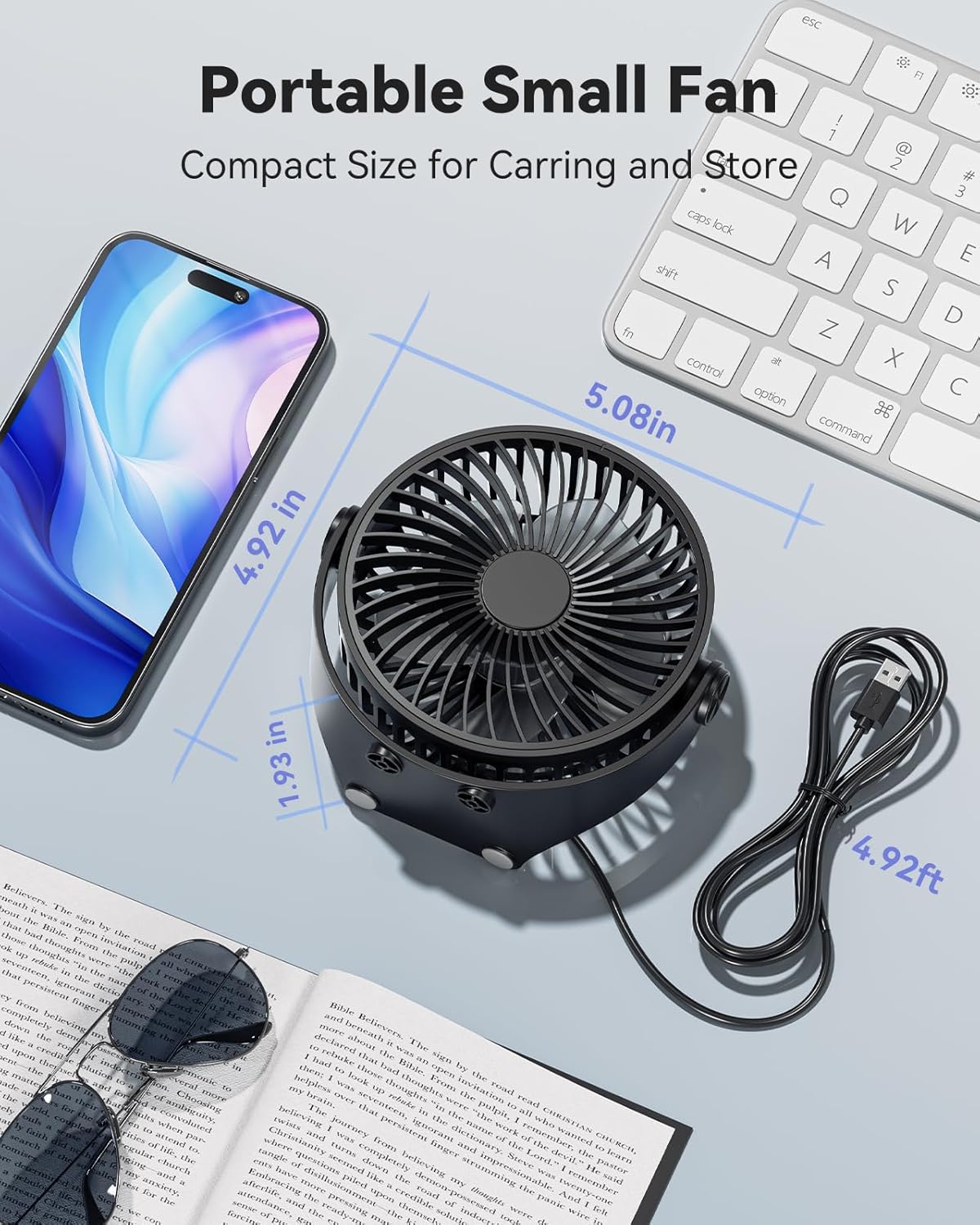USB Desk Fan, 5 Inch Mini Portable, 3 Speeds Strong Airflow Personal Desktop, Detachable Cooling Fan 360° Rotation Quiet Small Fan for Desk Home Office Travel Car, Black, 5ft Cable