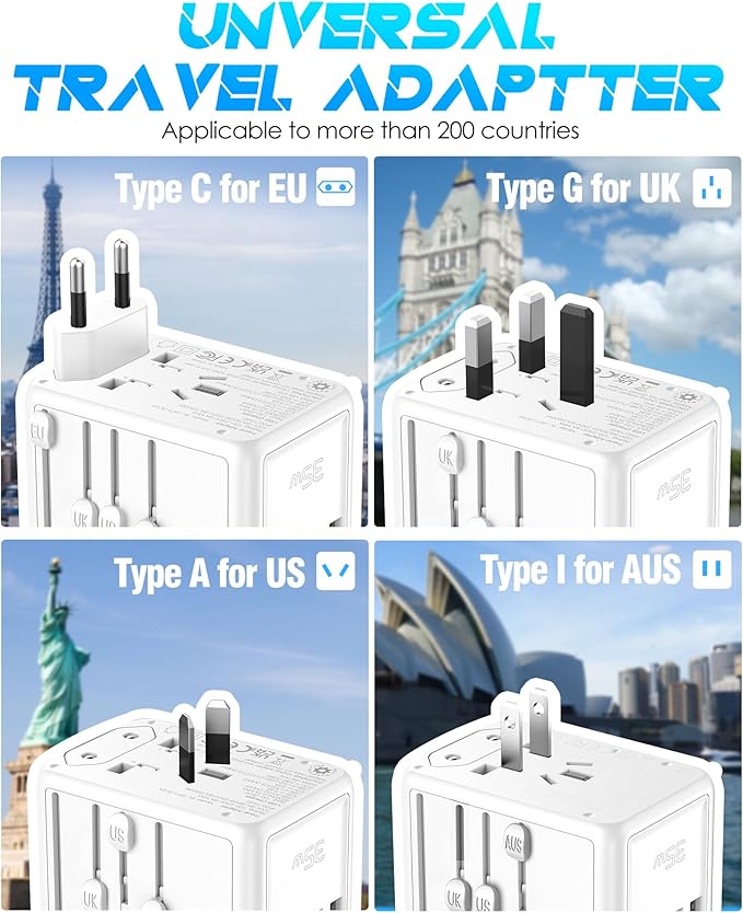 Universal Travel Adapter 35W PD Fast Charging Offers 3X2.4A USB-A Ports, 2X USB-C Ports and Multi AC Outlet, International Plug Converter Worldwide Travel Charger All in One for EU US UK AUS