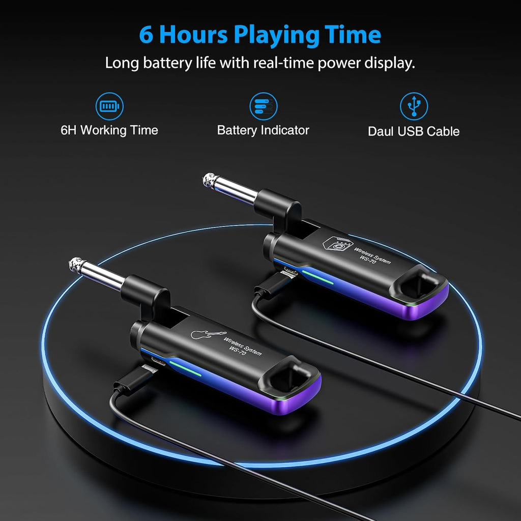LEKATO Wireless Guitar System UHF Wireless Guitar Transmitter Receiver Rechargeable Audio Wireless Guitar Transmitter and Receiver with 70 Channels Wireless for Guitar Bass Electric Instruments (Blue)