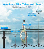 68" Magnetic Selfie Stick Tripod with Rechargeable Detachable Remote for Magsafe, Portable Small Extendable Phone Stand Tripods with Metal Ring, 360° Rotation for Vlog/Live Stream/Travel/Black