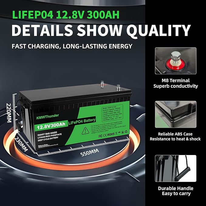 12V 300Ah LiFePO4 Lithium Battery, Built-in Smart BMS,Low-Temp Protection Up to Group 31 Deep Cycle Battery for Trolling Motor, RV, Solar, Marine, Camping and Off Grid Applications