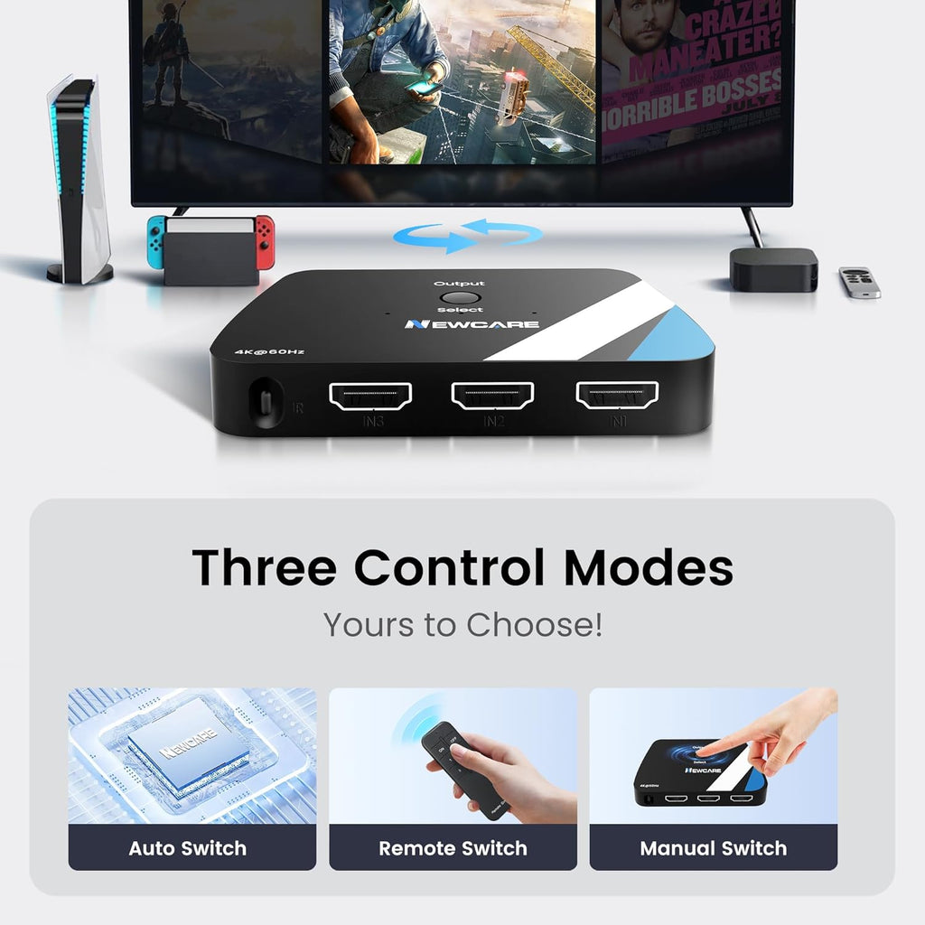 NEWCARE HDMI Switch 3 in 1 Out, 4K@60Hz HDMI Splitter with Remote, HDMI Switcher Support HDCP2.2 Dolby HDR10+ VRR 3D, Compatible with TV PS5/4 Xbox Laptops PC Projector Blu-ray Player