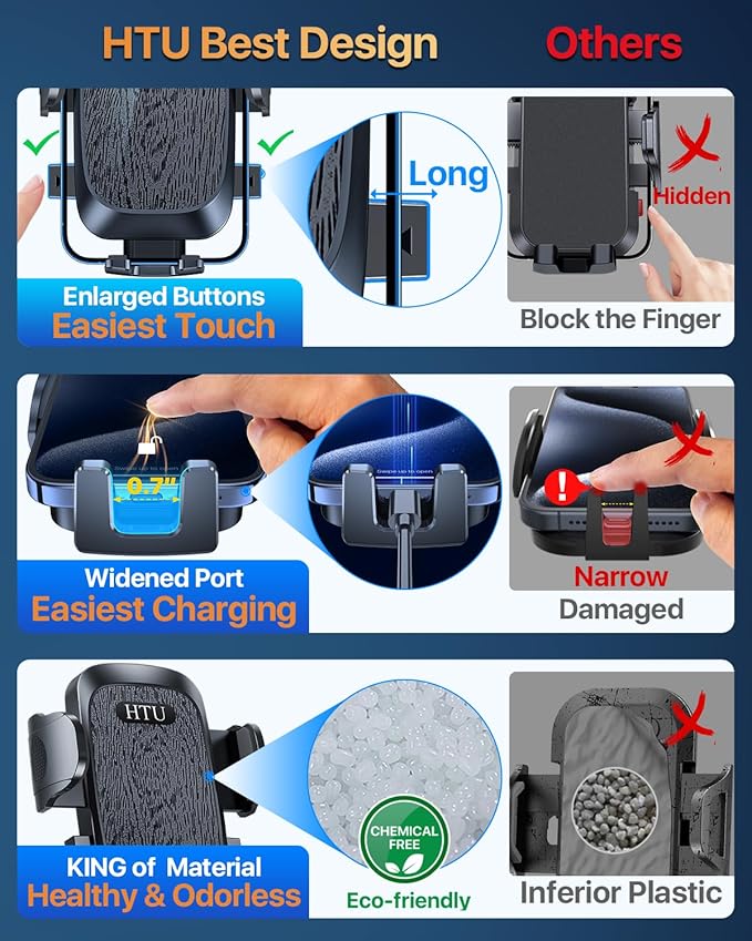 HTU Upgraded Strongest Suction Car Phone Holder Bendable Arm, Never Block View Rotatable Cellphone Mount for Dashboard Windshield Vent, Cradle Stand for iPhone 16 15 14 13 12 Pro Max (Black)