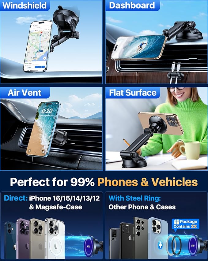 HTU for MagSafe Car Phone Mount Magnetic Phone Holder for Windshield Vent Dashboard Magnetic Suction Phone Mount for iPhone 16/15/14/13/12 & Android (Amparo Blue)