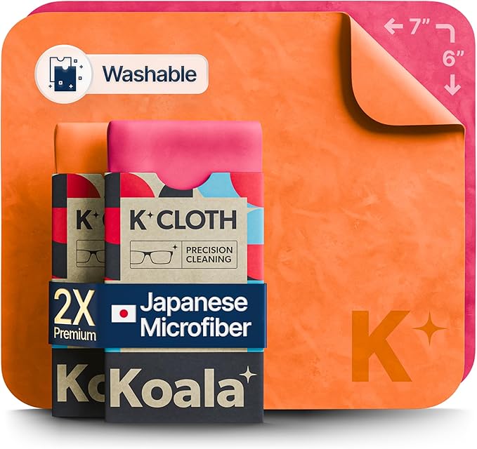 Koala Lens Cleaning Cloth | Japanese Microfiber | Glasses Cleaning Cloths | Eyeglass Lens Cleaner | Eyeglasses, Camera, VR/AR Headset, and Screen Cleaner | Pink & Orange (Pack of 2)