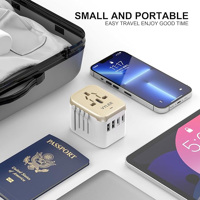 Universal International Power Travel Plug Adapter, 5 in 1 European Travel Plug Adapter W/ 3.5A 2xUSB-A and 2xUSB C Wall Charger and Worldwide AC Outlet for Europe USA UK AUS Asia (White Gold)