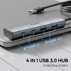 TSUPY Multi USB C USB A 3.0 Hub with 4FT Extended Cable,4 Ports Aluminium USB 3.0 Splitter,2 USB-C & 2 USB-A Ports USB Extender Hub for Laptop, PC, Flash Drive, Mobile HDD,Printer, Mouse, Keyboard