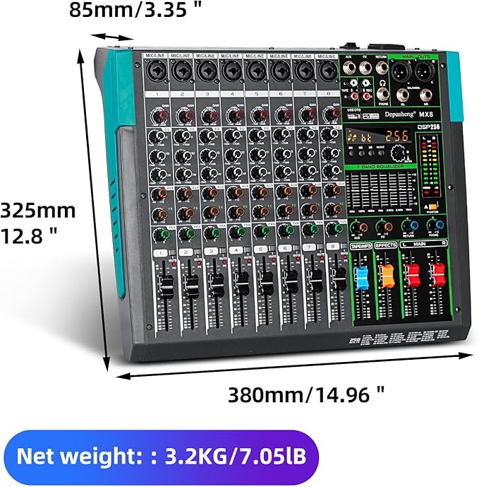Depusheng MX8 8 Channel Sound Mixer Audio Mixing Console 48V 256DSP Professional USB PC Play Record Podcast Live Broadcast (US MX8)