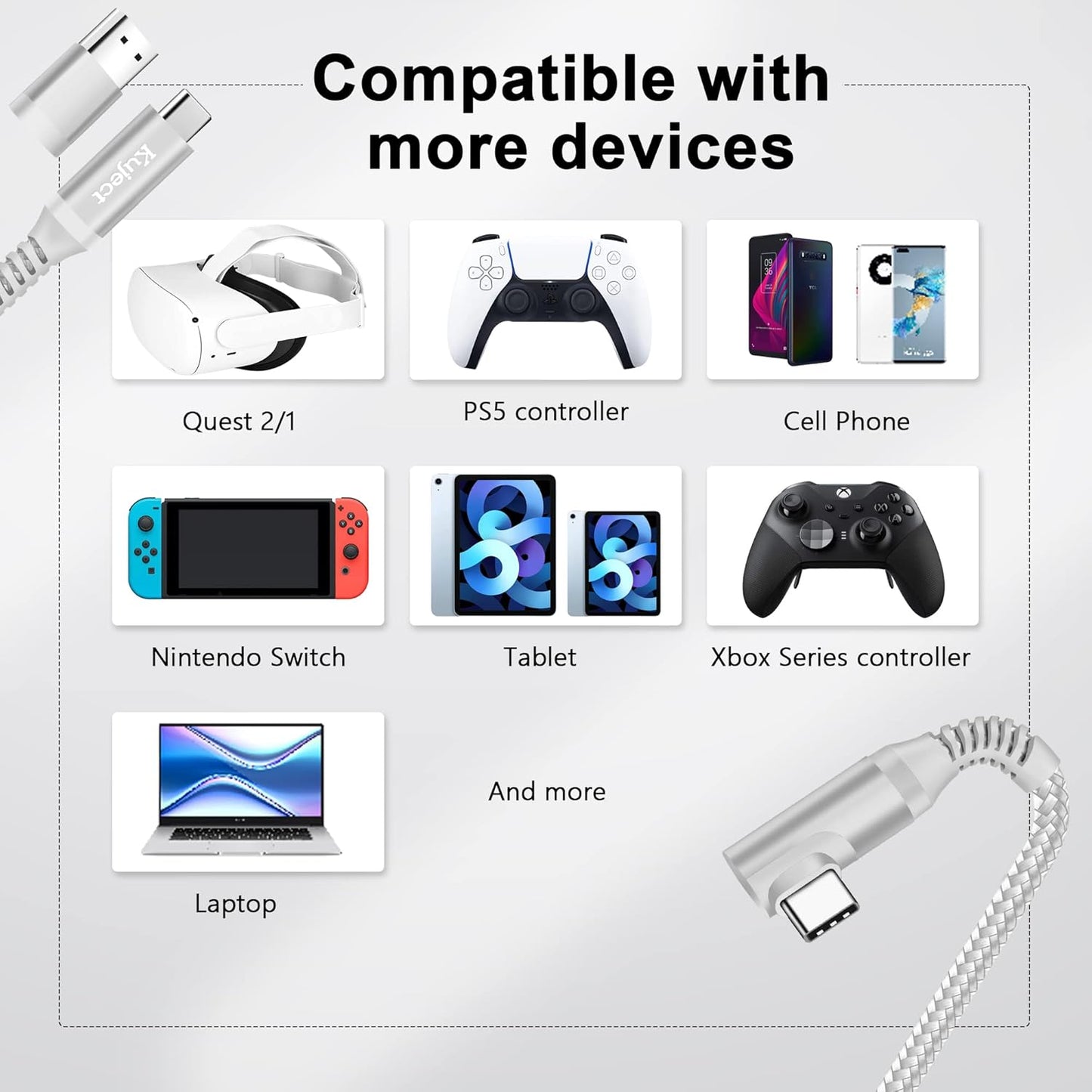 Kuject Link Cable 16FT Compatible for Quest 3S/3, Quest 2/Pro, Pico 4, Nylon Braided Accessories for Rift S/Steam VR Games, USB 3.0 Type C to C High Speed Data Transfer Cord for Gaming PC, Silver