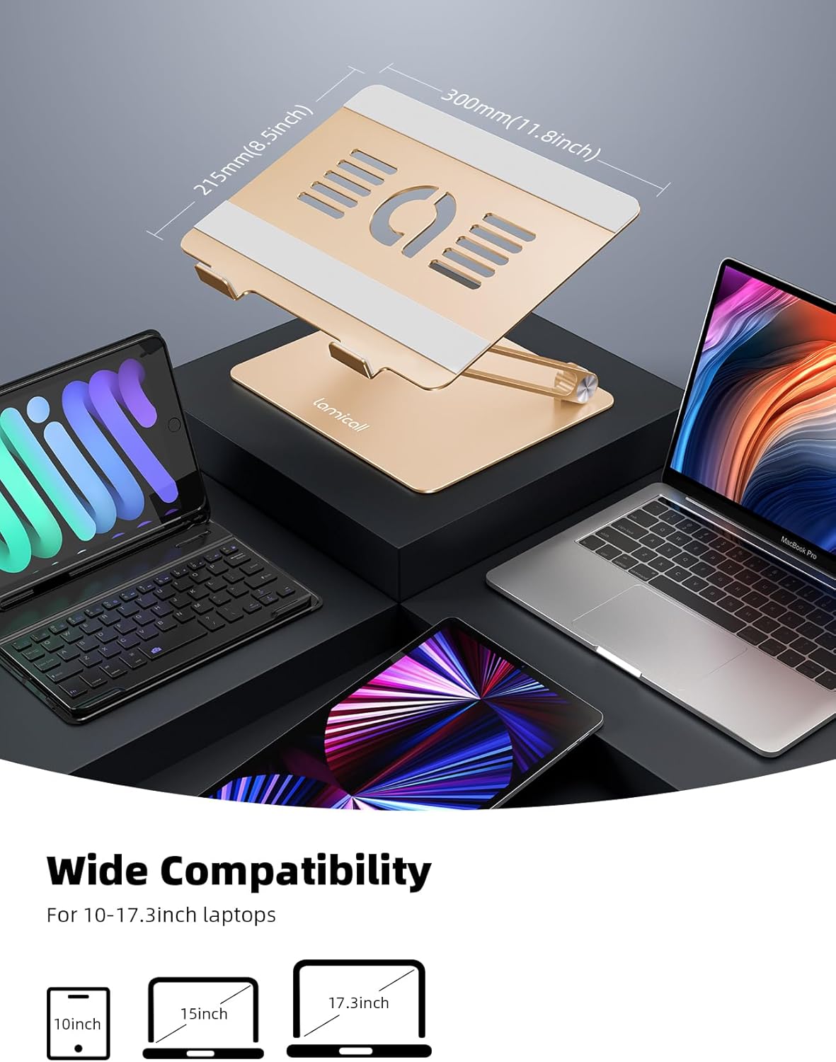 Lamicall Adjustable Laptop Stand, Portable Laptop Riser, Aluminum Laptop Stand for Desk Foldable, Ergonomic Computer Notebook Stand Holder for MacBook Air Pro, Dell XPS, HP (10-17.3'') -Gold