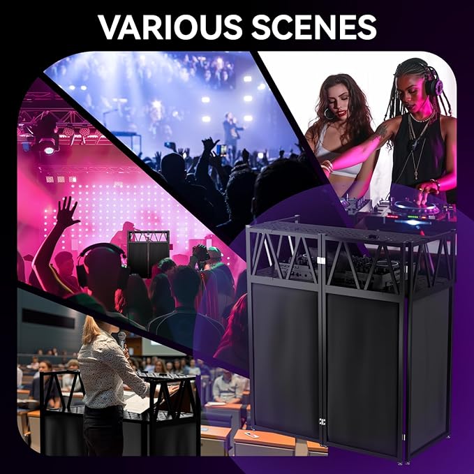 Portable DJ Booth T able,Foldable DJ Table Stand Portable with White & Black Scrim,Adjustable DJ Facade Booth Station Metal Frame D J Table with Cable Hole for Private Events, Clubs, Bars (50*25 XL)