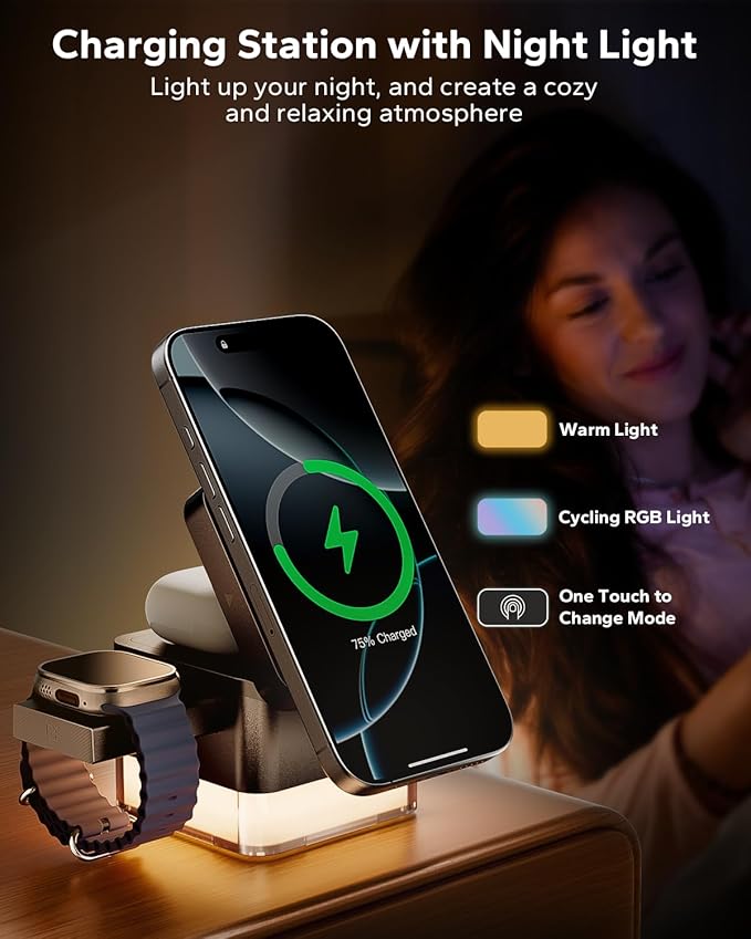 KPON for iPhone Nightstand Charging Station,15W 3 in 1 Wireless Phone Charger Stand with Night Lamp, Travel Foldable Magnetic Cube Magsafe Dock for iPhone 16 15 14 13 12 Series/Apple Watch/Airpods
