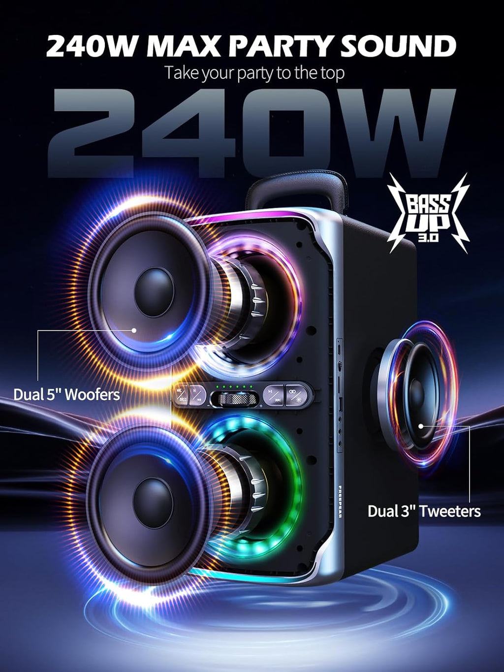 Party Bluetooth Speaker - 240W Peak Loud Speaker, Dazzling Light Show, Deep Bass, IPX4 Waterproof, 15H Battery, TWS Pairing, BT 5.3 Wireless, Portable for Home/Outdoor/Beach/Pool Party