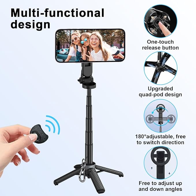 Magnetic Selfie Stick with Remote, 360° Rotation Phone Tripod, 4-in-1 Multifunctional Magnetic Phone Selfie Stick, Mini Portable Extendable Mag Tripod for Cell Phone Video Recording Trave