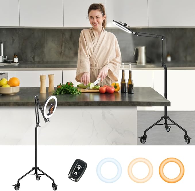 LUXSURE Ring Light Tripod for iPhone, Overhead Camera Mount with Casters,LED Ring Light with Stand and Phone Holder,Phone Tripod with Light for Video Recording/Live Streaming/Cooking