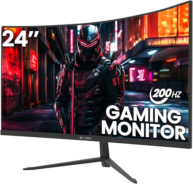 CRUA 24 Inch 200hz/180hz Curved Gaming Monitor, FHD 1080P Frameless Computer Monitors, Support AMD freesync Low Motion Blur, Eye Care, DisplayPort, HDMI, Compatible Wall Mountable Installs-Black