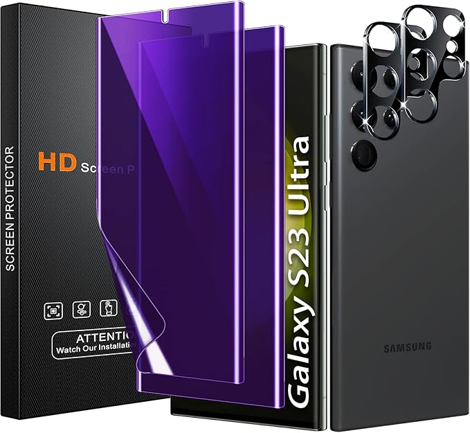 [2+2 Pack] Lesakit Anti-Blue Light Privacy Screen Protector for Samsung Galaxy S23 Ultra 6.8 inch with 2 Pack Camera Lens Protector, [Support Fingerprint ID] Anti Spy TPU Flexible Screen Protector- Purple