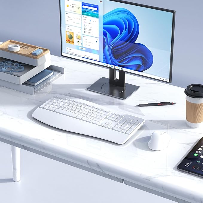 Ergonomic Keyboard and Mouse Combo - Full Size Keyboard Cordless with Palm Wrist Rest Ergonomic Mouse Wireless for Windows Computers Laptops - White(Upgrade)