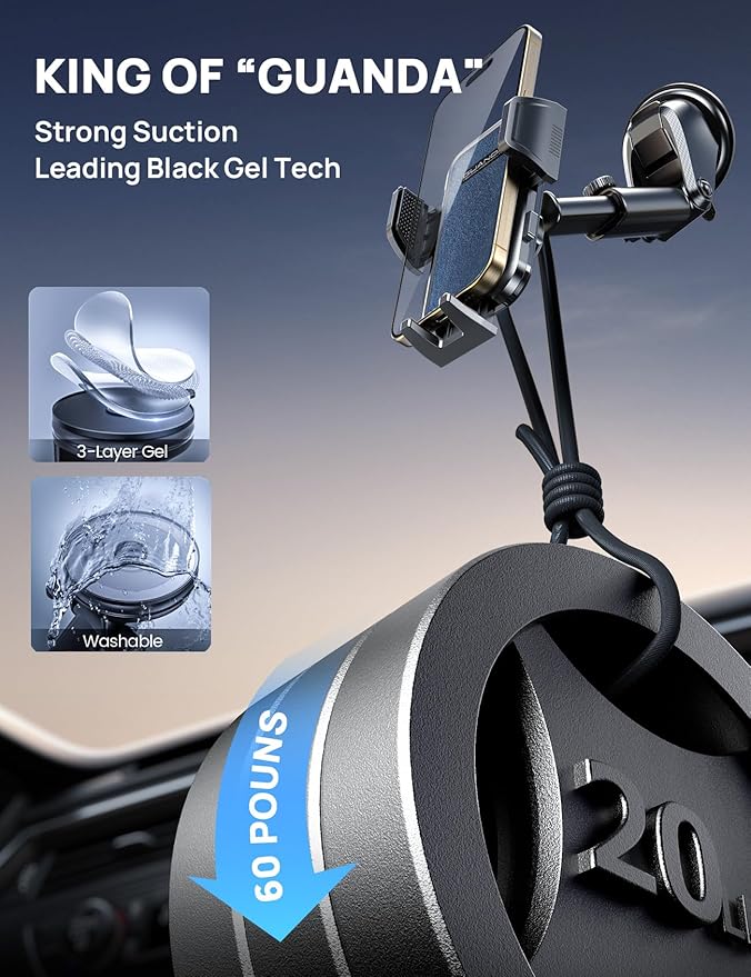 [2025 New] Dashboard Phone Holders for Your Car (+Vent Hook)[Military Grade Stable] Car Cell Phone Holder, Non-Slip Silicone Carbon Fiber Car Phone Mount, Rotatable Suction Cup for All Phone, Blue