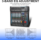Audio Mixer,6 Channel Board Mixer for Streaming, Professional Sounds Board Mixer with 16 DSP Effect, USB Audio Interface and 48V Phantom Power, Stereo DJ Mixers for PC Recording/DJ stage