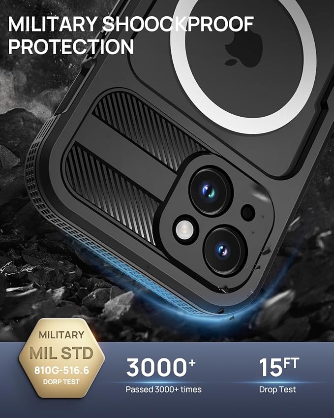 Lanhiem Magnetic for iPhone 15 Case, IP68 Waterproof Dustproof Case, [Compatible with Magsafe] [Built-in Screen Protector] Full Body Heavy Duty Rugged Phone Cover 6.1 inch, Black/Clear