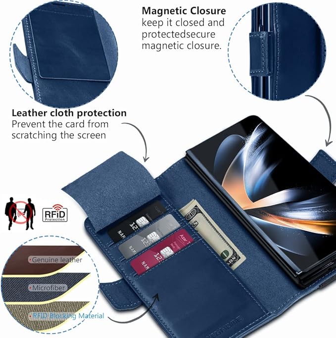 KEZiHOME for Samsung Galaxy Z Fold 6 Case, Genuine Leather Galaxy Z Fold6 Wallet Case [RFID Blocking] with Card Holder Stand Folio Protective Phone Cover Compatible with Samsung Z Fold 6 5G (Blue)