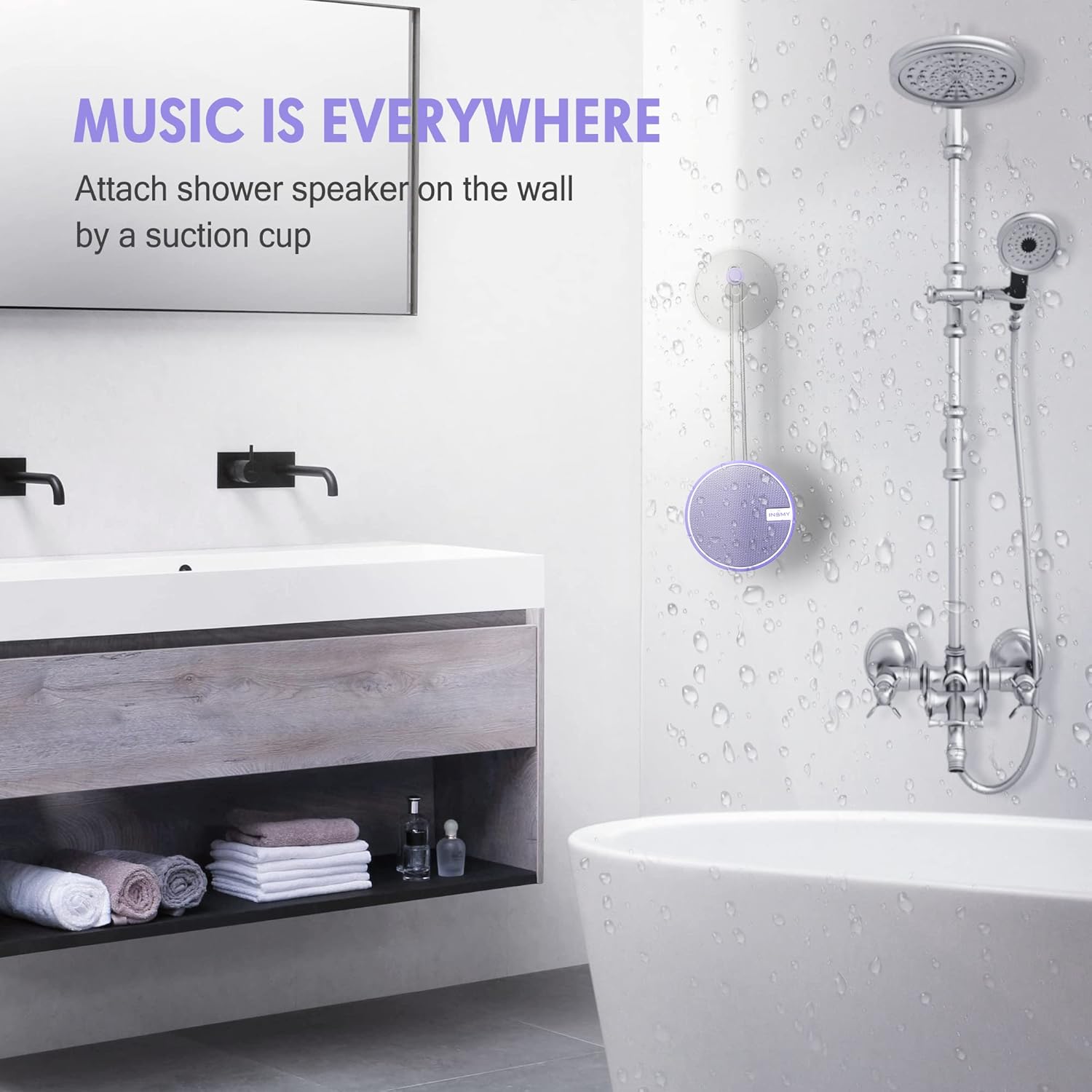 INSMY C12 IPX7 Waterproof Shower Bluetooth Speaker, Portable Small Speaker, Speakers Bluetooth Wireless Loud Clear Sound Support TF Card Suction Cup for Kayak Canoe Beach Gift (Purple)