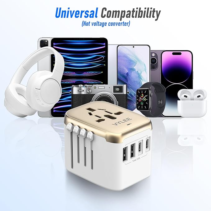 Universal International Power Travel Plug Adapter, 5 in 1 European Travel Plug Adapter W/ 3.5A 2xUSB-A and 2xUSB C Wall Charger and Worldwide AC Outlet for Europe USA UK AUS Asia (White Gold)