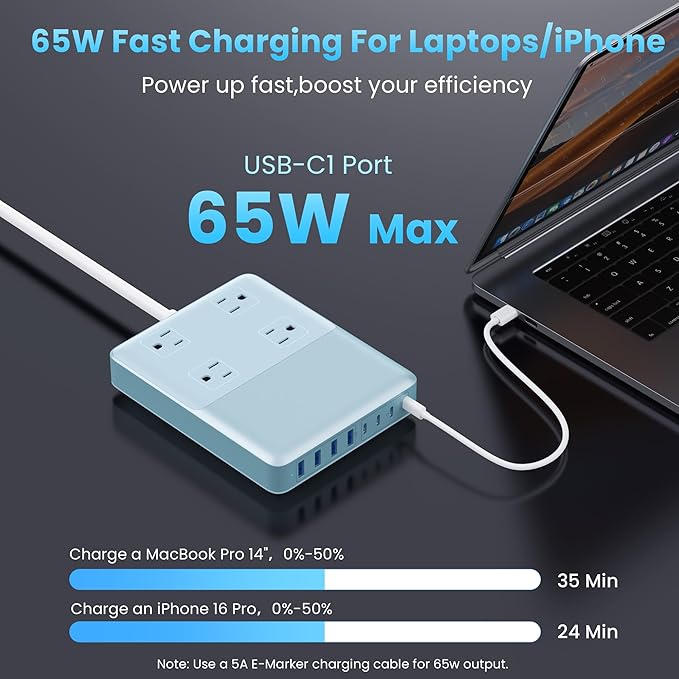 12-in-1 Charging Station USB C Power Strip with 5ft Cord,200W GaN IV USB C Charger Block,4 AC Outlets,4 USB-A,4 USB-C for MacBook,iPhone 16/15/14,Fast Charging Desktop Charger for Office (Light Blue)
