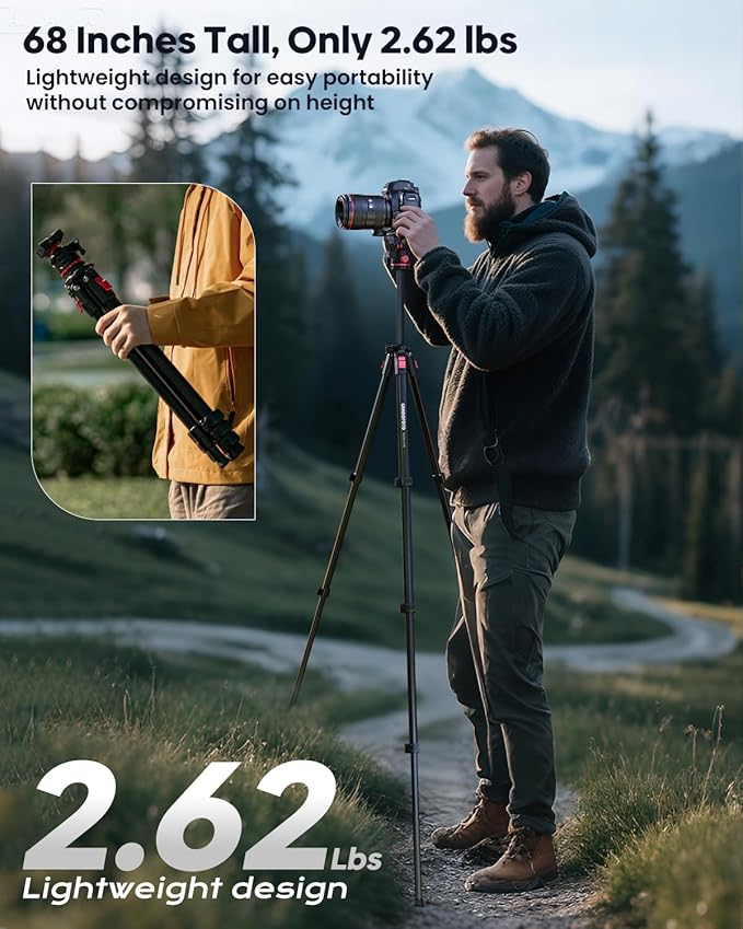 68" Lightweight Travel Camera Tripod with Ball Head, Compact Aluminum Tripod for DSLR/SLR, Compatible with Canon, Nikon, Binoculars, Telescope (Supports 8.8 lbs, Weighs 2.62 lbs)